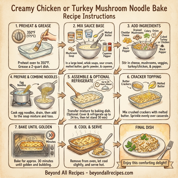 Creamy Chicken or Turkey Mushroom Noodle Bake instructions