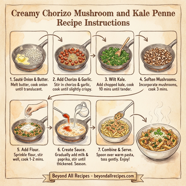Creamy Chorizo Mushroom and Kale Penne instructions