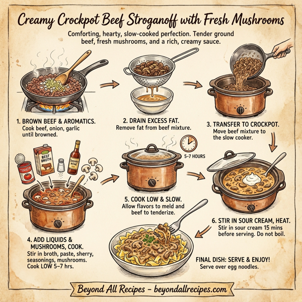 Creamy Crockpot Beef Stroganoff with Fresh Mushrooms instructions