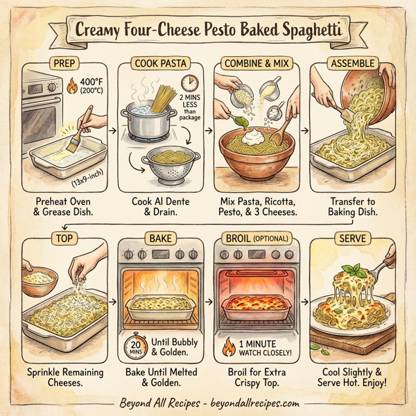 Creamy Four-Cheese Pesto Baked Spaghetti instructions