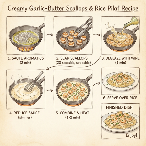 Creamy Garlic-Butter Scallops with Rice Pilaf instructions