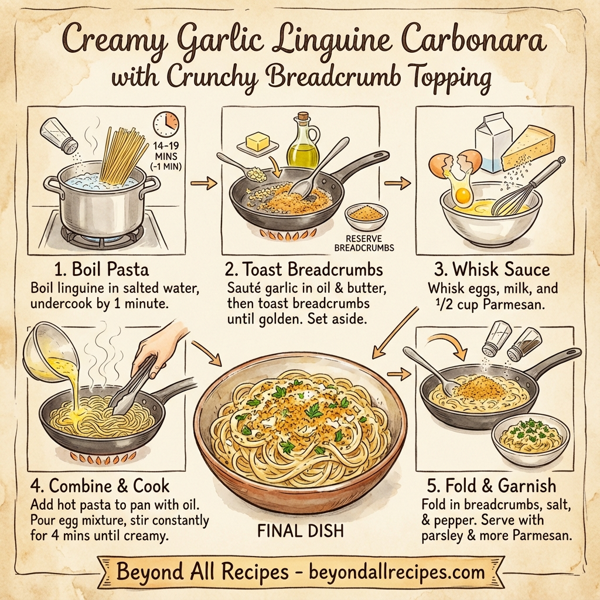 Creamy Garlic Linguine Carbonara with Crunchy Breadcrumb Topping instructions