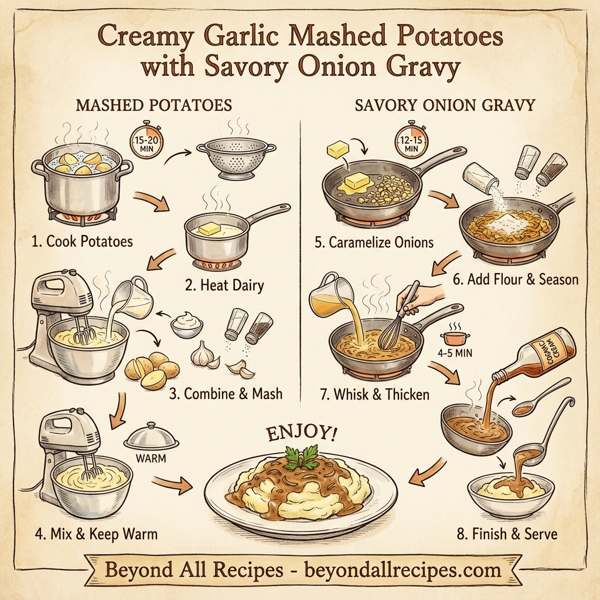 Creamy Garlic Mashed Potatoes with Savory Onion Gravy instructions