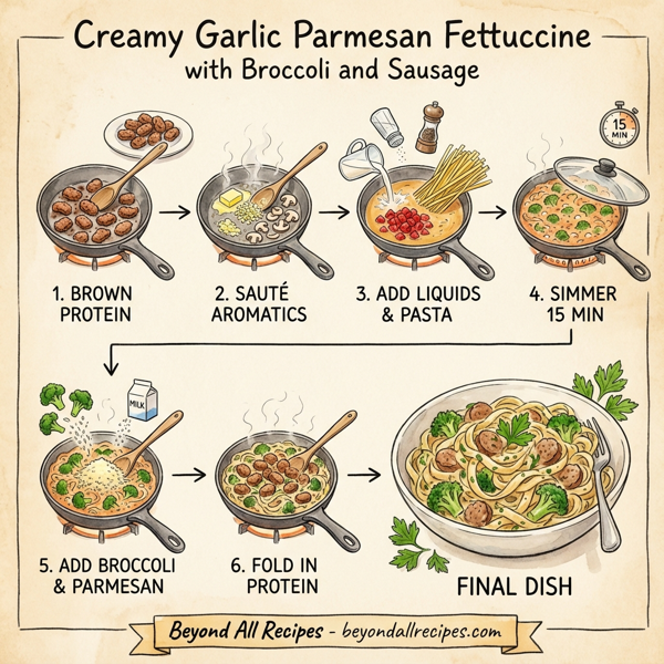 Creamy Garlic Parmesan Fettuccine with Broccoli and Sausage instructions