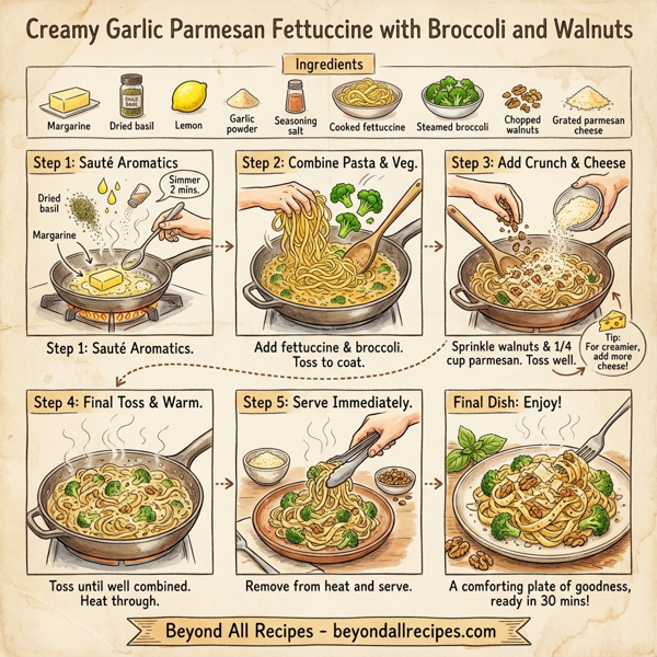 Creamy Garlic Parmesan Fettuccine with Broccoli and Walnuts instructions