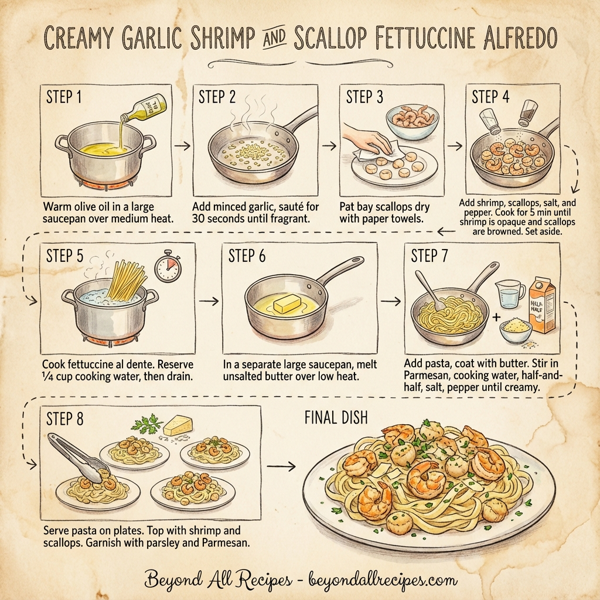 Creamy Garlic Shrimp and Scallop Fettuccine Alfredo instructions