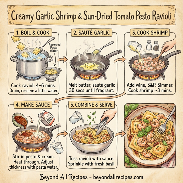 Creamy Garlic Shrimp and Sun-Dried Tomato Pesto Ravioli instructions