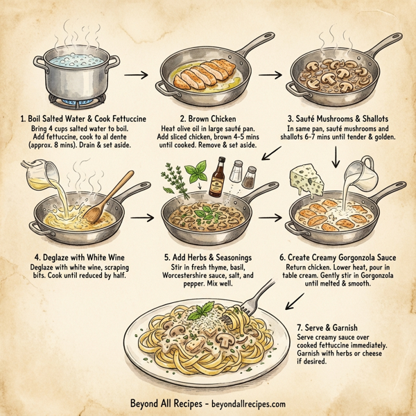 Creamy Gorgonzola Fettuccine with Sautéed Chicken and Mushrooms instructions