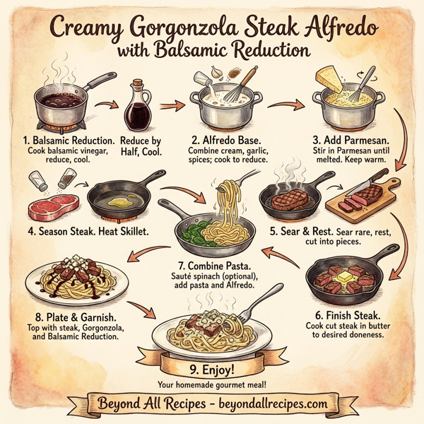 Creamy Gorgonzola Steak Alfredo with Balsamic Reduction instructions