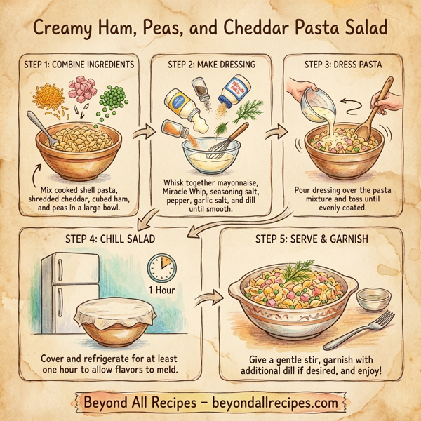 Creamy Ham, Peas, and Cheddar Pasta Salad instructions