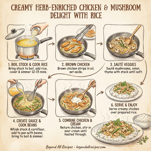 Creamy Herb-Enriched Chicken and Mushroom Delight with Rice instructions