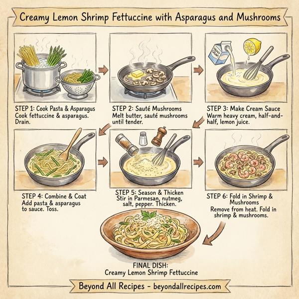 Creamy Lemon Shrimp Fettuccine with Asparagus and Mushrooms instructions