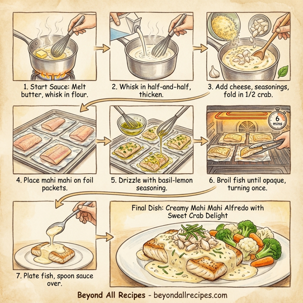 Creamy Mahi Mahi Alfredo with Sweet Crab Delight instructions