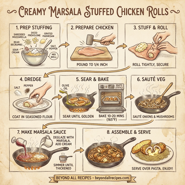 Creamy Marsala Stuffed Chicken Rolls instructions