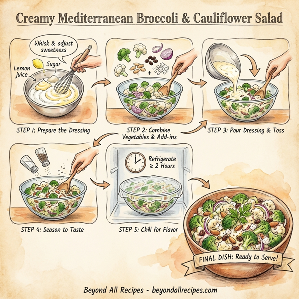 Creamy Mediterranean Broccoli & Cauliflower Salad instructions