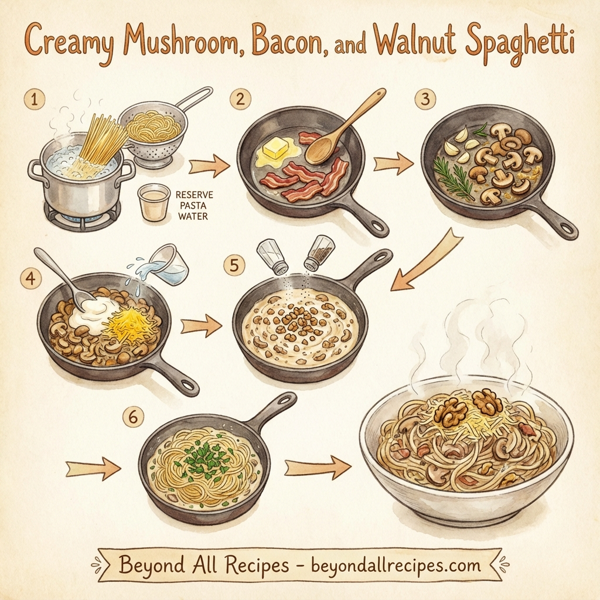 Creamy Mushroom, Bacon, and Walnut Spaghetti instructions