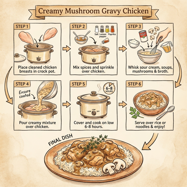 Creamy Mushroom Gravy Chicken in the Crock Pot instructions