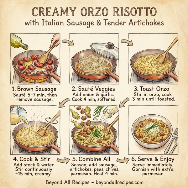 Creamy Orzo Risotto with Italian Sausage and Tender Artichokes instructions