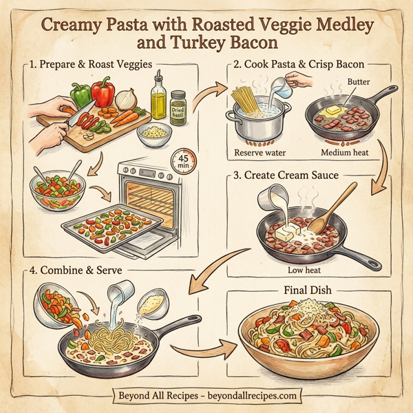 Creamy Pasta with Roasted Veggie Medley and Turkey Bacon instructions