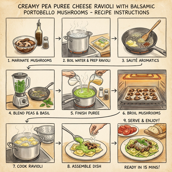 Creamy Pea Puree Cheese Ravioli with Balsamic Portobello Mushrooms instructions