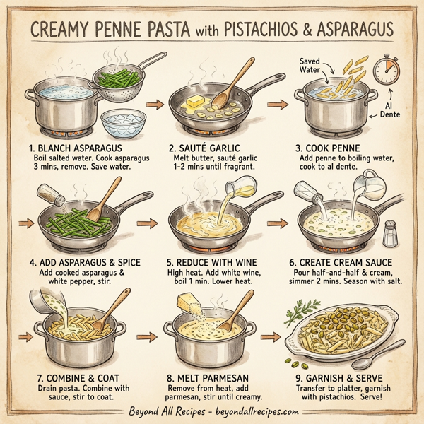 Creamy Penne Pasta with Pistachios and Asparagus instructions