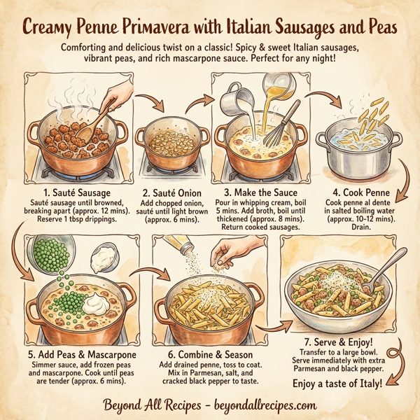 Creamy Penne Primavera with Italian Sausages and Peas instructions