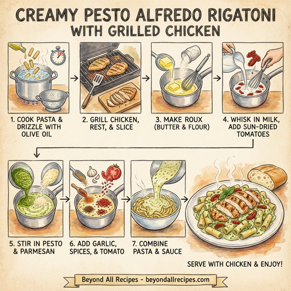 Creamy Pesto Alfredo Rigatoni with Grilled Chicken instructions