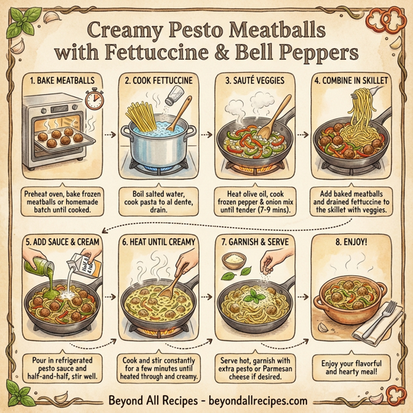 Creamy Pesto Meatballs with Fettuccine and Bell Peppers instructions