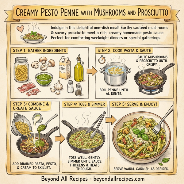 Creamy Pesto Penne with Mushrooms and Prosciutto instructions