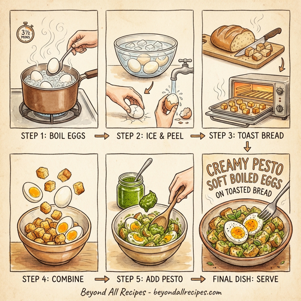 Creamy Pesto Soft Boiled Eggs on Toasted Bread instructions