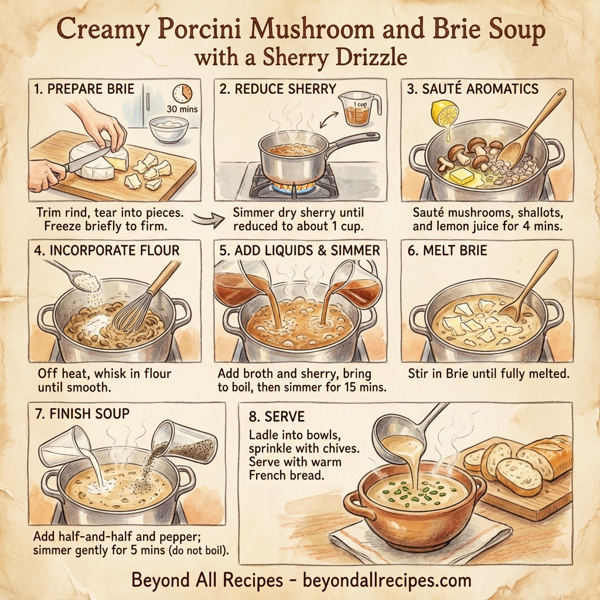 Creamy Porcini Mushroom and Brie Soup with a Sherry Drizzle instructions