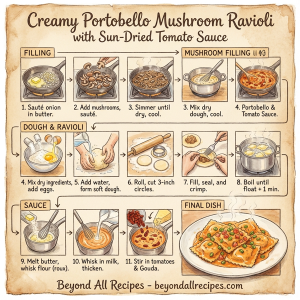 Creamy Portobello Mushroom Ravioli with Sun-Dried Tomato Sauce instructions