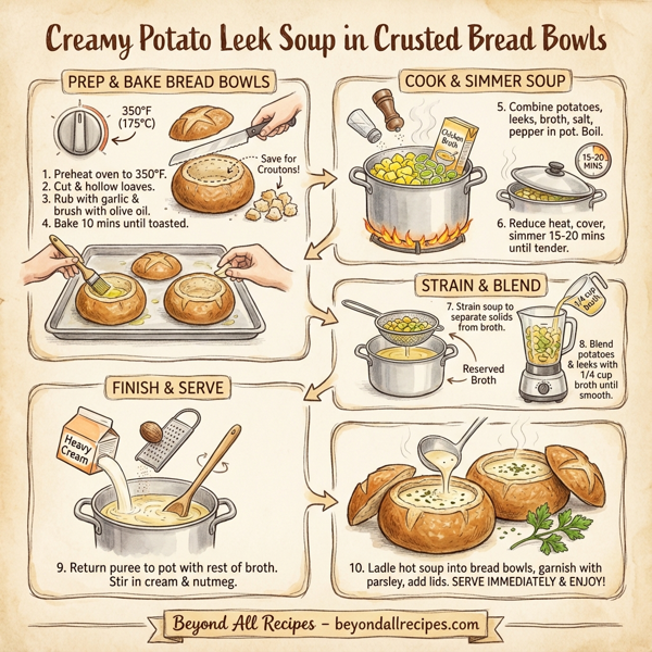 Creamy Potato Leek Soup in Crusted Bread Bowls instructions
