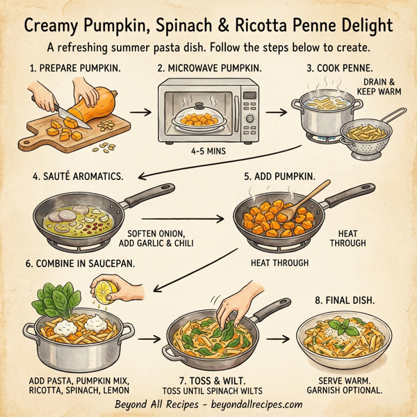 Creamy Pumpkin, Spinach & Ricotta Penne Delight instructions