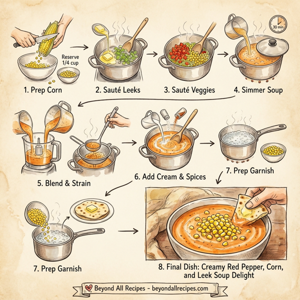 Creamy Red Pepper, Corn, and Leek Soup Delight instructions