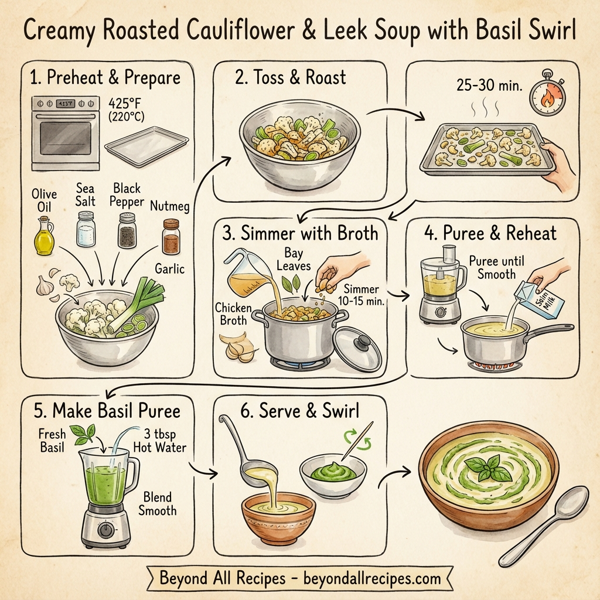 Creamy Roasted Cauliflower & Leek Soup with Basil Swirl instructions