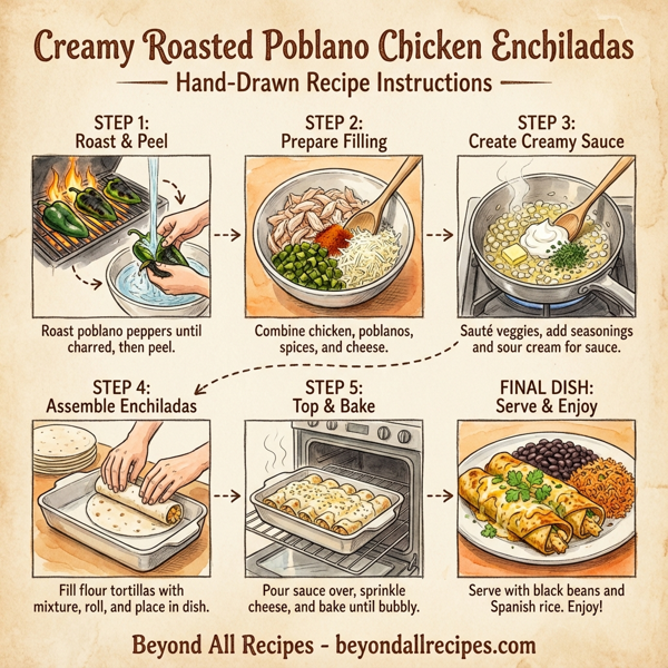 Creamy Roasted Poblano Chicken Enchiladas instructions
