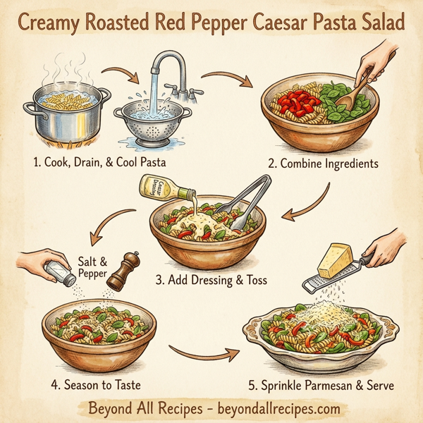 Creamy Roasted Red Pepper Caesar Pasta Salad instructions