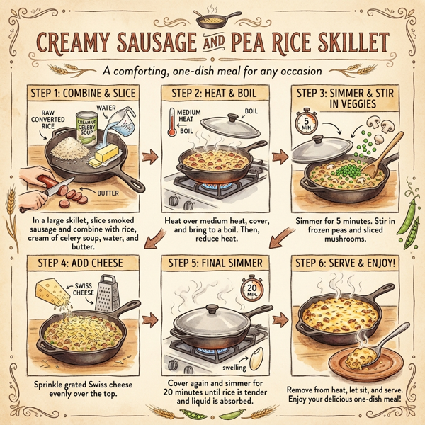Creamy Sausage and Pea Rice Skillet instructions