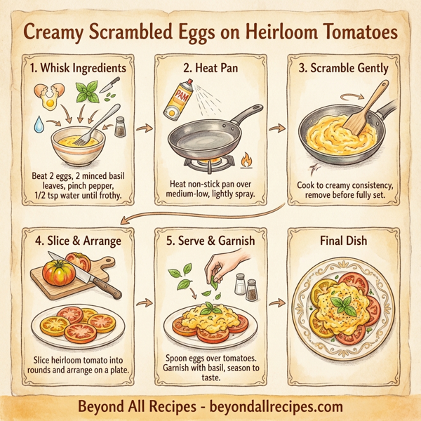 Creamy Scrambled Eggs on Heirloom Tomatoes with Fresh Basil instructions