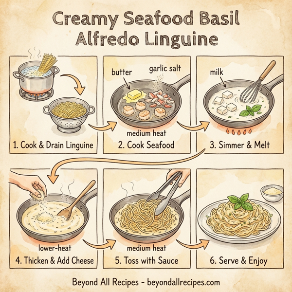 Creamy Seafood Basil Alfredo Linguine instructions