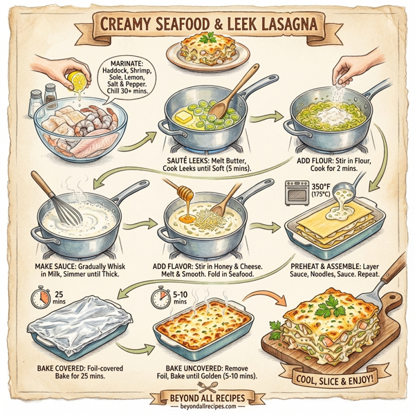 Creamy Seafood and Leek Lasagna instructions