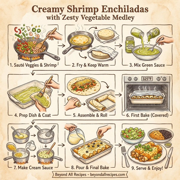 Creamy Shrimp Enchiladas with Zesty Vegetable Medley instructions
