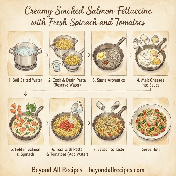 Creamy Smoked Salmon Fettuccine with Fresh Spinach and Tomatoes instructions