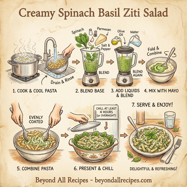 Creamy Spinach Basil Ziti Salad instructions