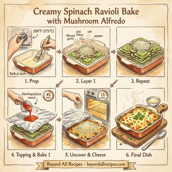 Creamy Spinach Ravioli Bake with Mushroom Alfredo instructions