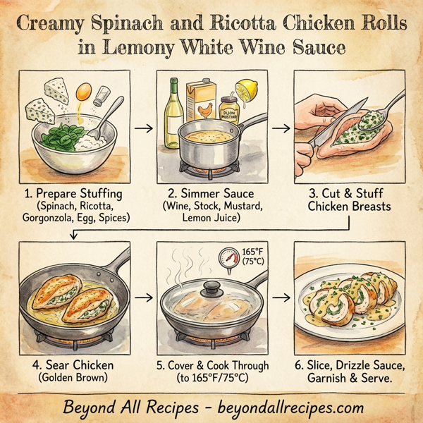 Creamy Spinach and Ricotta Chicken Rolls in Lemony White Wine Sauce instructions