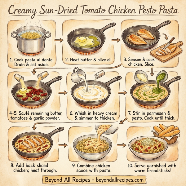 Creamy Sun-Dried Tomato Chicken Pesto Pasta instructions