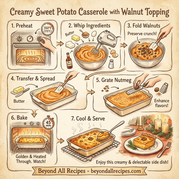 Creamy Sweet Potato Casserole with Walnut Topping instructions