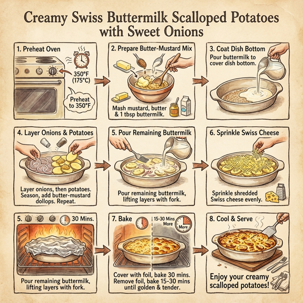 Creamy Swiss Buttermilk Scalloped Potatoes with Sweet Onions instructions